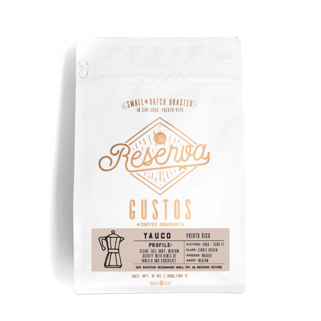 A bag of Specialty Coffee from Yauco Puerto Rico by Gustos Coffee Co Café
