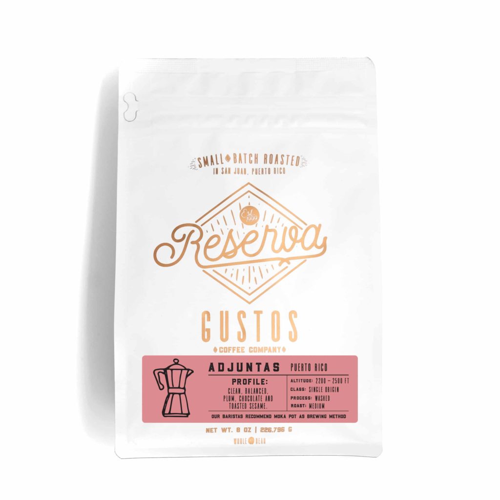 A bag of Specialty Coffee from Adjuntas PR single origin cafe by Gustos Coffee Co cafe especialidad