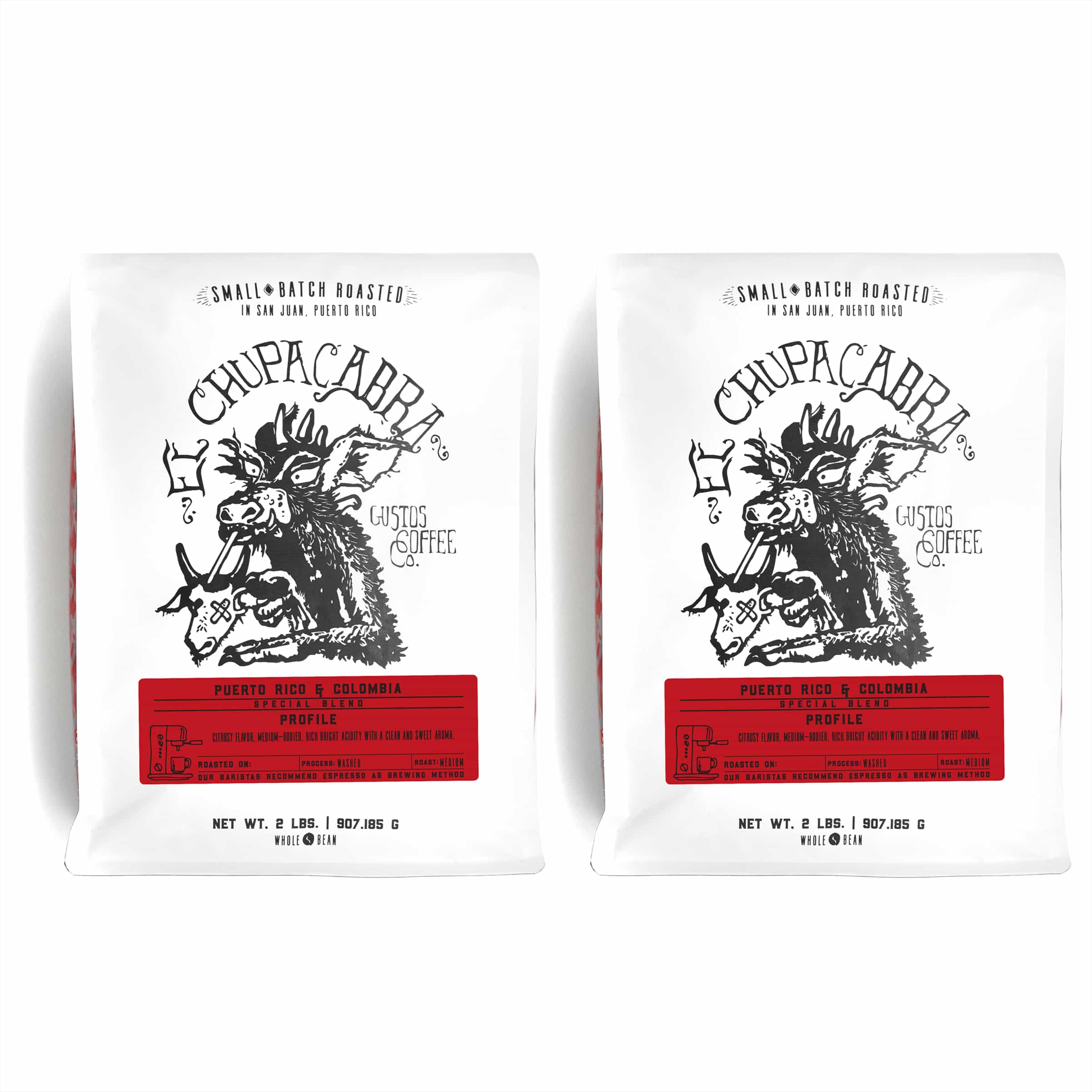 Two 2lb El Chupacabra Colombia Specialty Coffee and Café de Puerto Rico