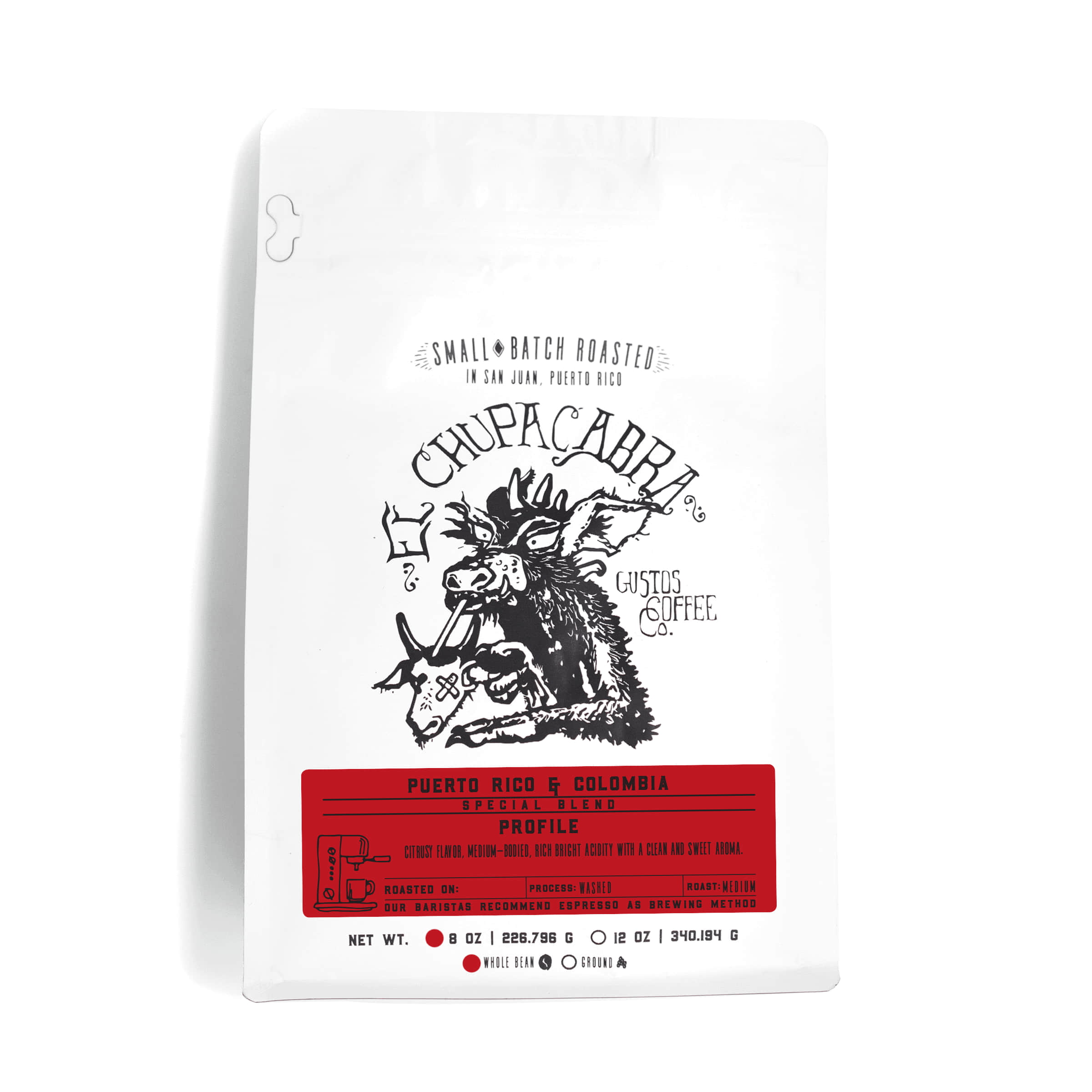 8oz Bag of Specialty Coffee El Chupacabra Colombia and PR Whole Bean Gustos Café