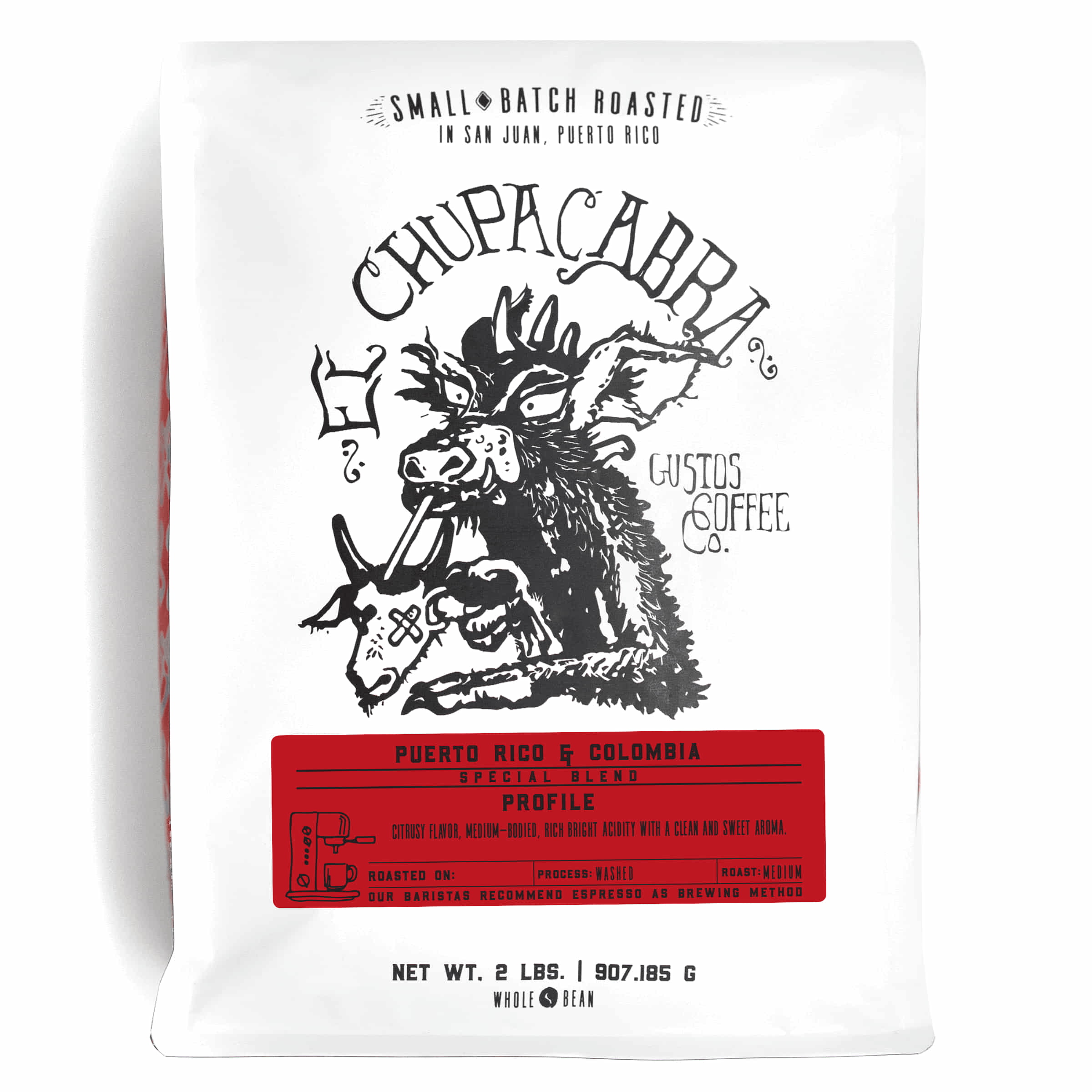 A 2lb bag of Specialty Coffee Blend Puerto Rico and Colombia El Chupacabra by Gustos Coffee Co