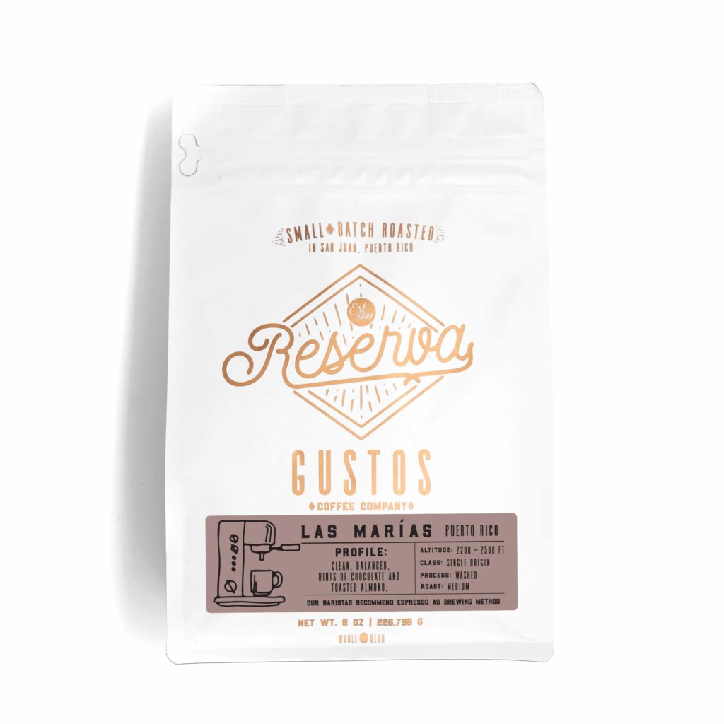 A bag of Specialty Coffee from Las Marias PR by Gustos Coffee Co cafe de especialidad
