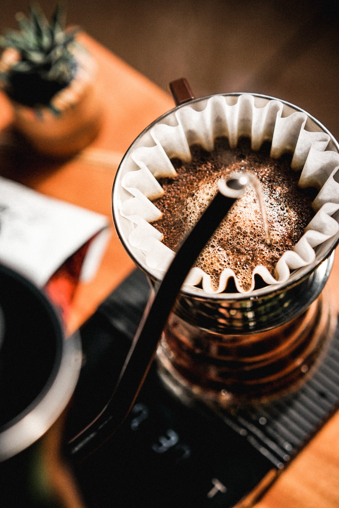 image of a Manual Pour Over Brew with a Fellow Stagg Kettle, a Kalita Wave with Specialty Coffee from Colombia PR on an Acaia scale