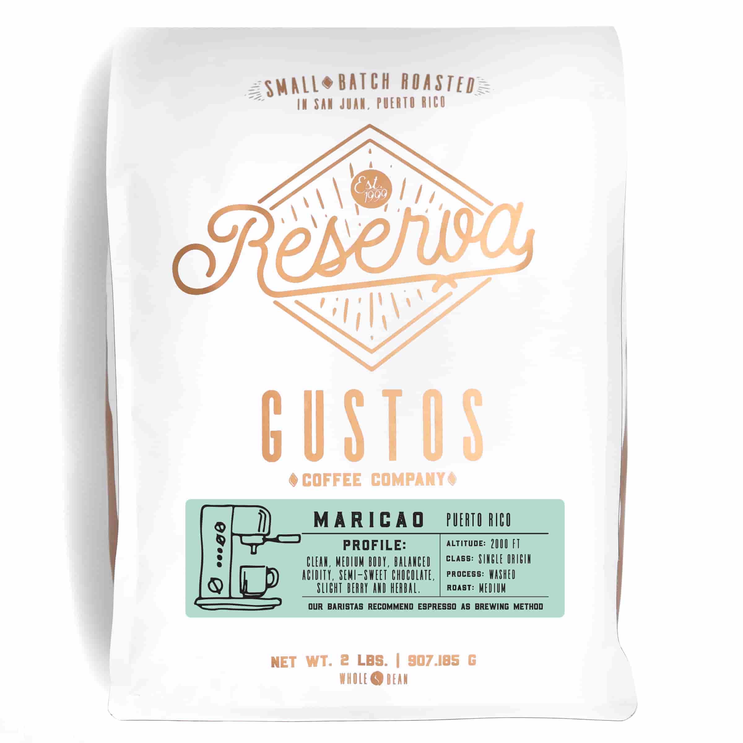 A bag of specialty roasted coffee Gustos Reserva from Maricao, Puerto Rico 2lb whole bean
