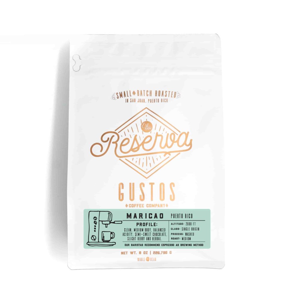 A bag of specialty roasted coffee Gustos Reserva from Maricao, Puerto Rico 8 oz whole bean
