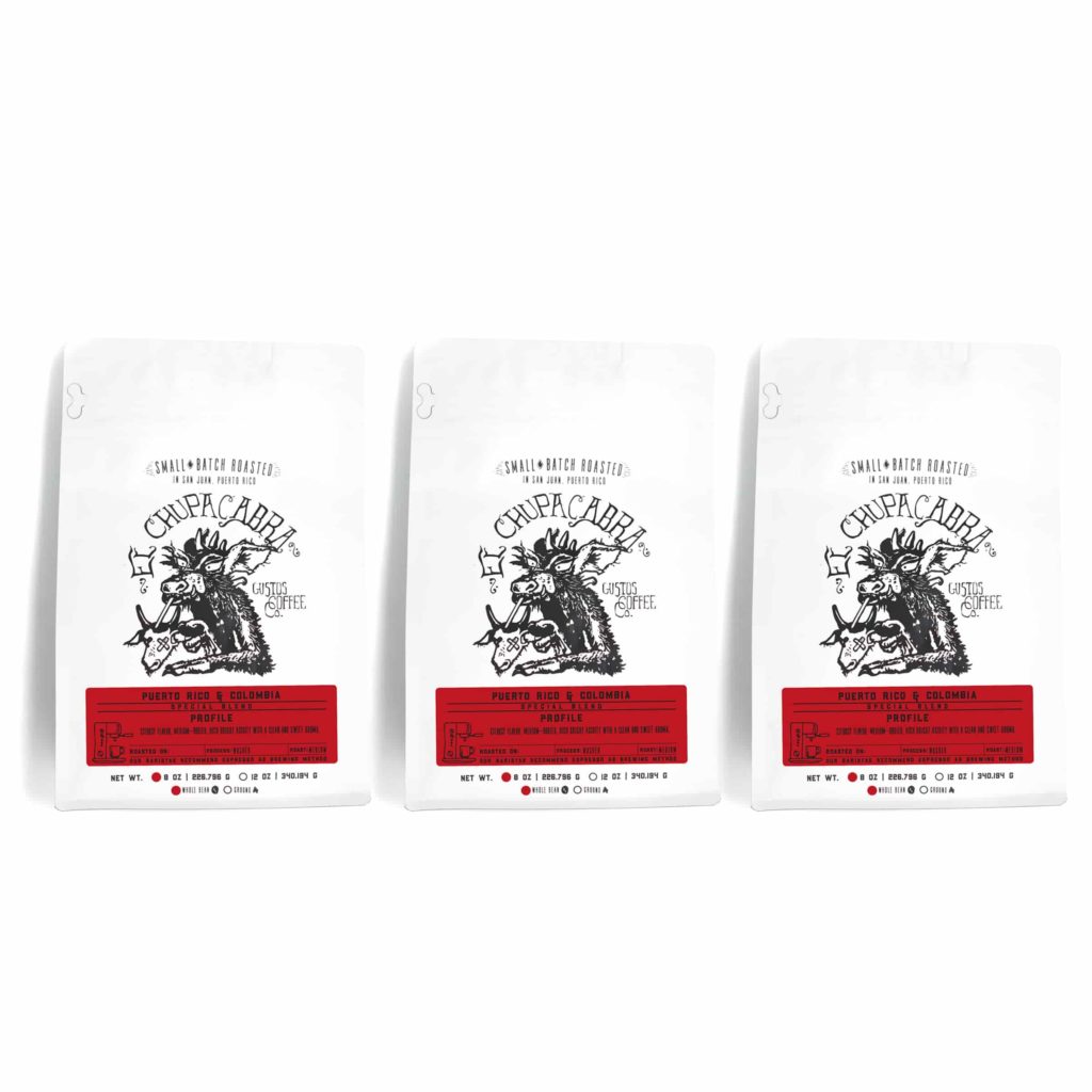 Three 8 oz bags of Specialty Coffee blends side by side from Gustos Coffee Co PR blended with Colombia