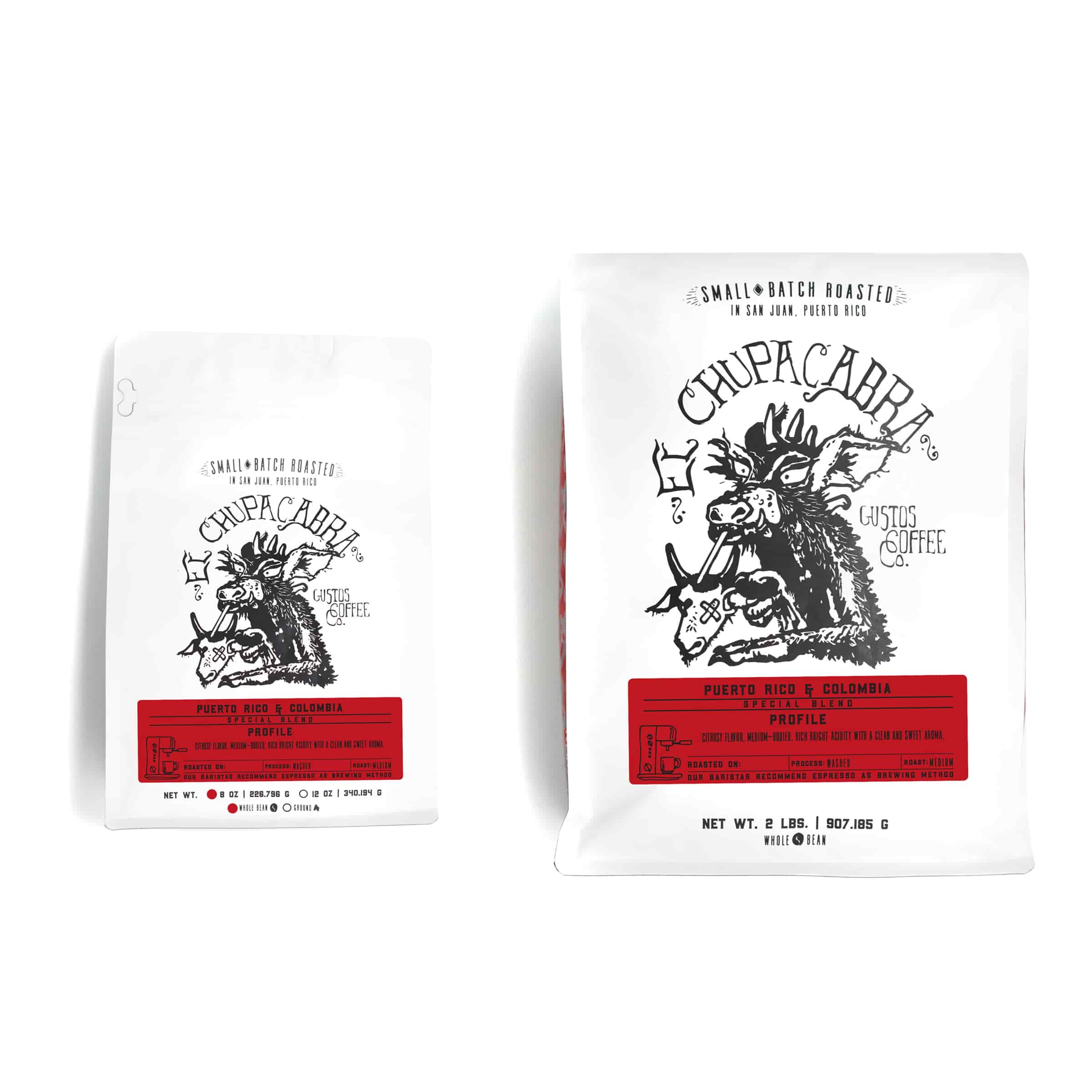 Two special coffee blends side by side over a white background. El Chupacabra PR x Colombia Specialty coffee from Gustos Coffee co