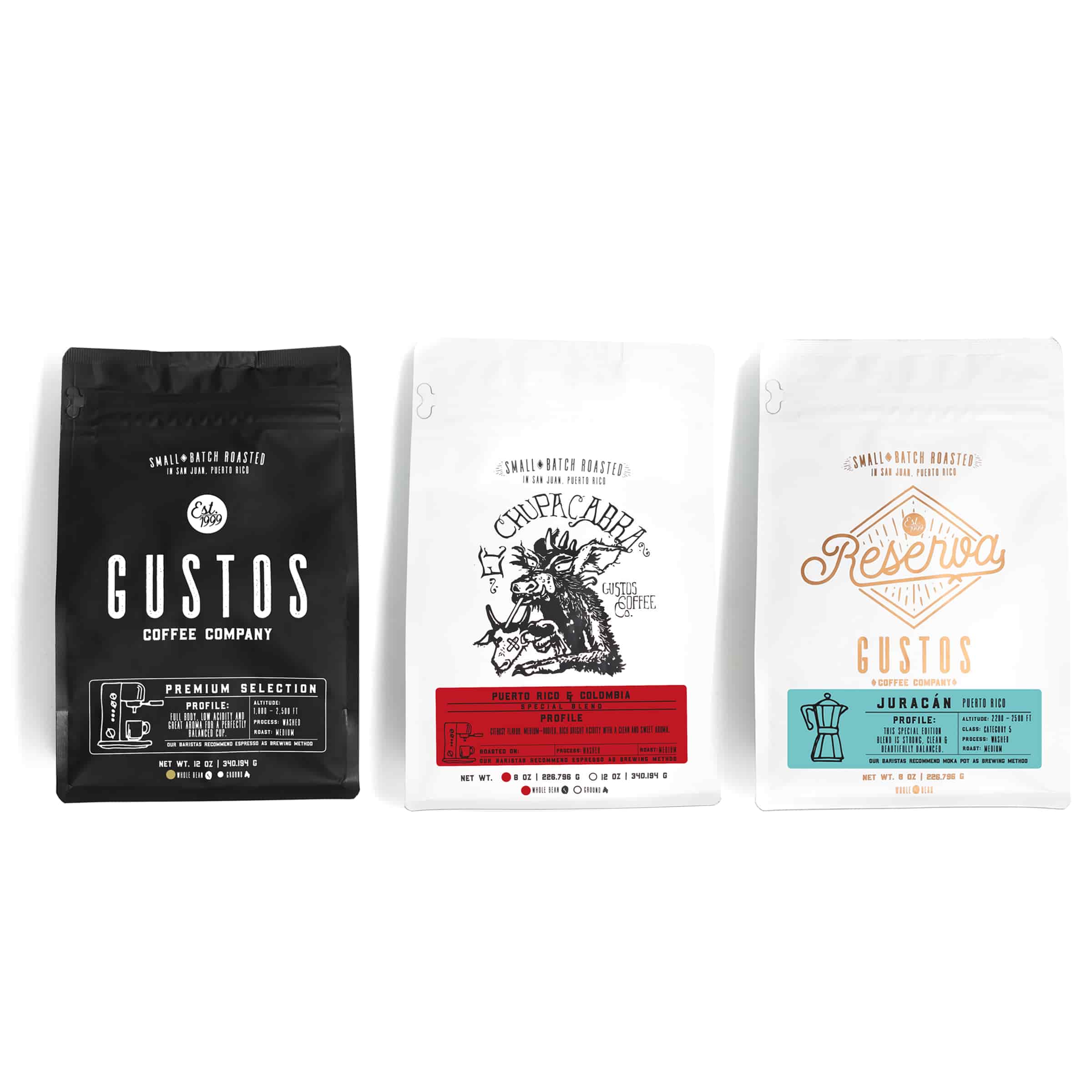 Gustos Coffee From Puerto Rico Specialty House Blend Trio 8 oz and 12 oz COFFEE BAGS COL