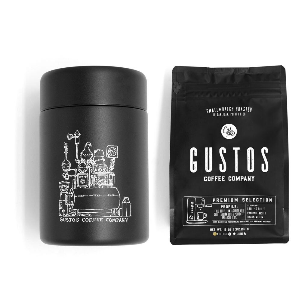 MIIR COFFEE CANISTER 12 OZ GUSTOS PREMIUM COFFEE FROM Puerto Rico GIFT SET