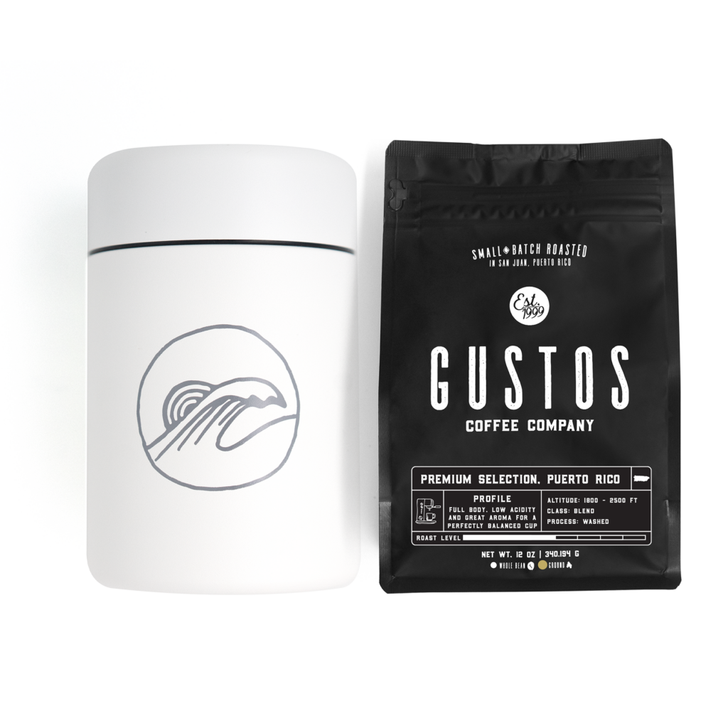 MiiR Wave Coffee Canister (white) and Gustos Premium Puerto Rican Coffee Ground