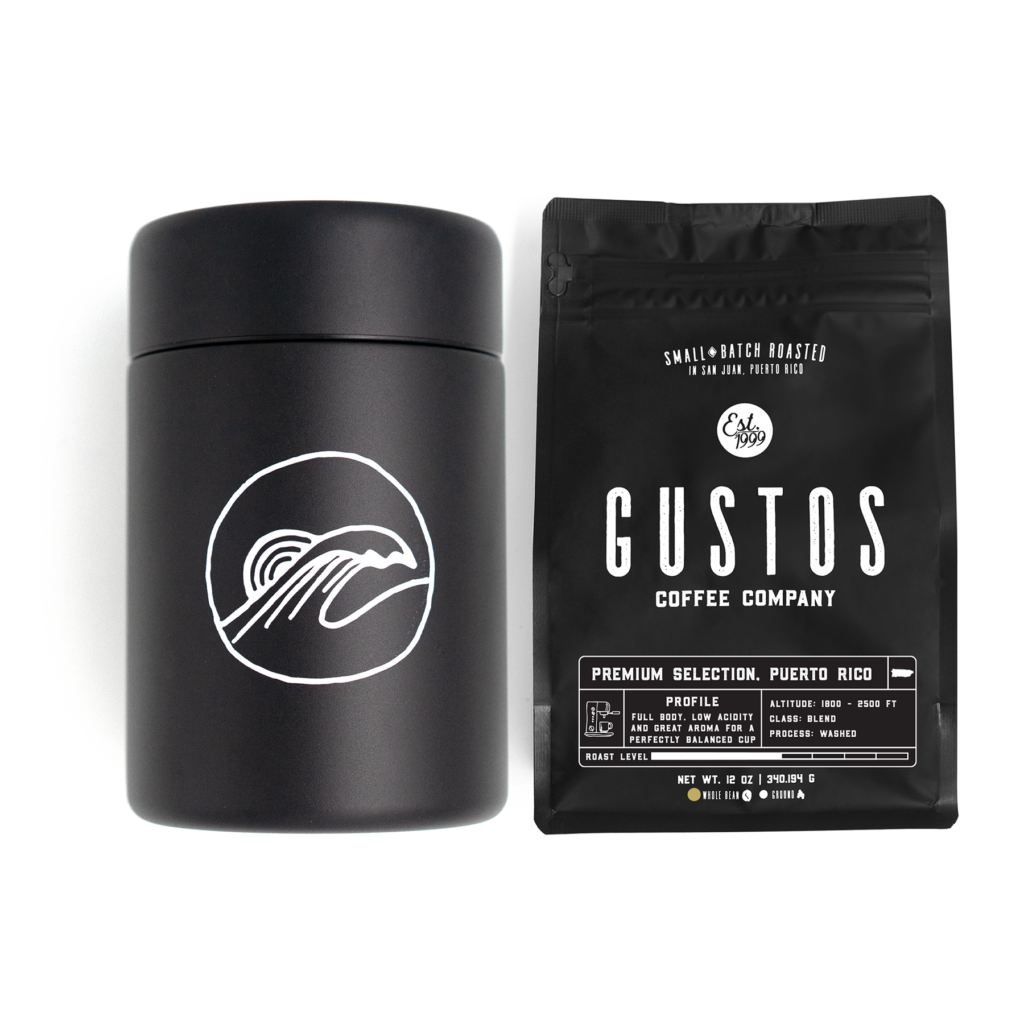MiiR Wave Coffee Canister (black) and Gustos Premium Puerto Rican Coffee Wholebean